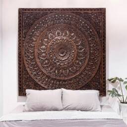 Carved Wood Headboard King, Brown Teak King Headboard, Mandala Wooden Panels, 72 - thumbnail 2