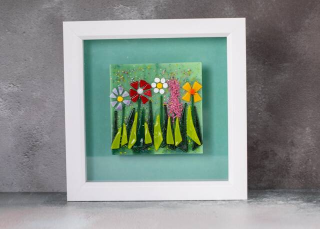 Wild Flower Fused Glass Textured Picture With White Wooden Frame, Colourful Flowers Gift, Wall Art, New Home Gift Idea - image 1