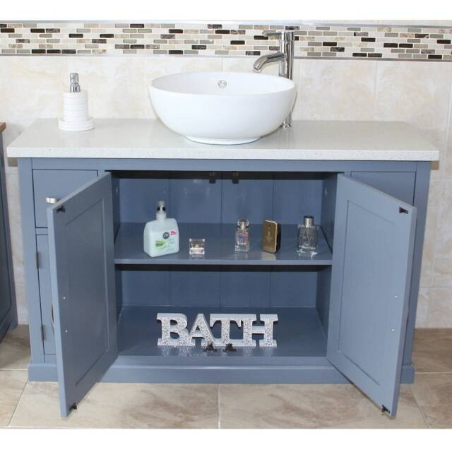 Grey Painted Bathroom Vanity Unit 123cm Wide With White Quartz Top & Ceramic Basin Set 402Gwqcbcx1 - image 1