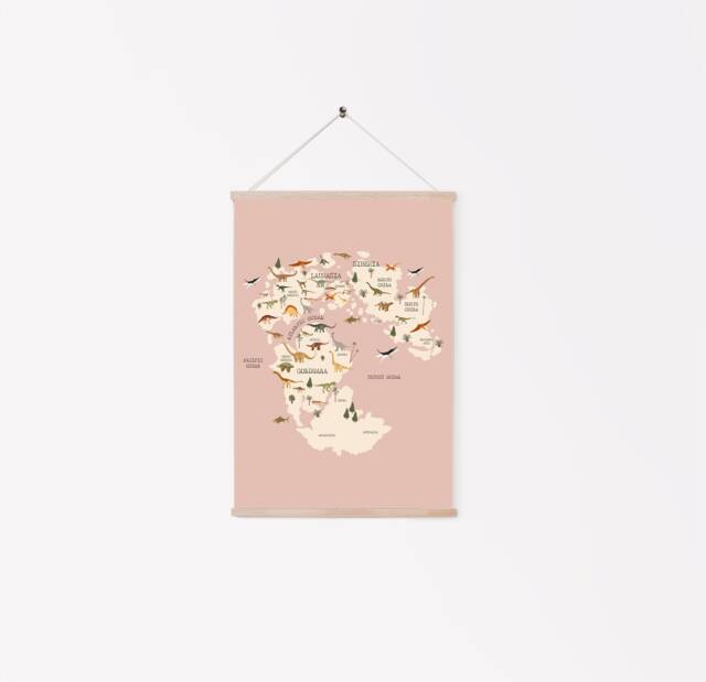 Dinosaur World Map - Nursery Print, Pink Kids Girls Dinosaur, Minimalist Boho Bedroom, Educational Playroom Art - image 1
