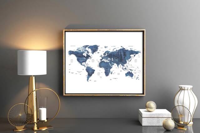 Navy Blue Watercolor World Map Art Print - Digital Download - image 1
