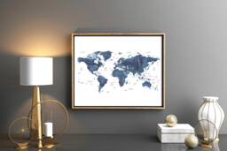 Navy Blue Watercolor World Map Art Print - Digital Download - thumbnail 1