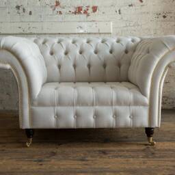 Cream Herringbone Wool Chesterfield Snuggle Chair, Loveseat, British Handmade - thumbnail 2