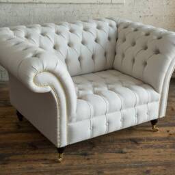 Cream Herringbone Wool Chesterfield Snuggle Chair, Loveseat, British Handmade - thumbnail 3