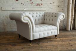 Cream Herringbone Wool Chesterfield Snuggle Chair, Loveseat, British Handmade