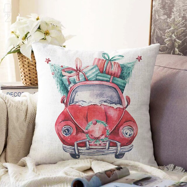 Christmas Chenille Pillow Cover Red Car With Gifts, Double Sided Print - image 1