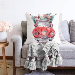 Christmas Chenille Pillow Cover Red Car With Gifts, Double Sided Print - thumbnail 2