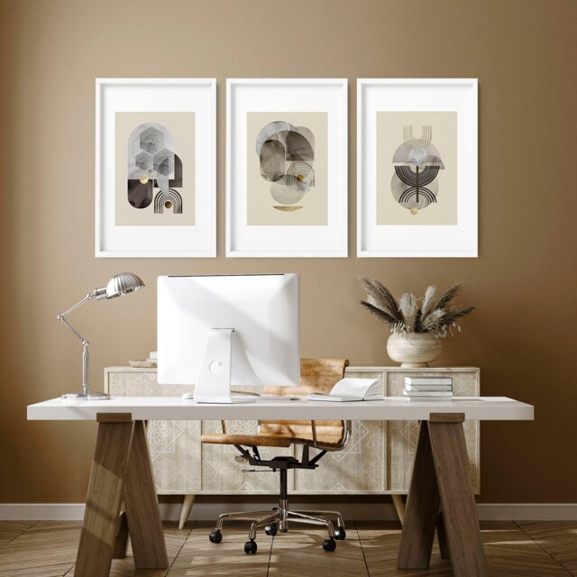 Mid Century Mode Set Of 3 Framed Wall Art Prints For A Minimal Office Desk Decor, Large Abstract Earth Tone Decor Gallery - image 1