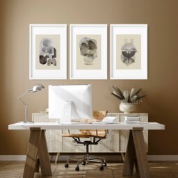 Mid Century Mode Set Of 3 Framed Wall Art Prints For A Minimal Office Desk Decor, Large Abstract Earth Tone Decor Gallery - thumbnail 1