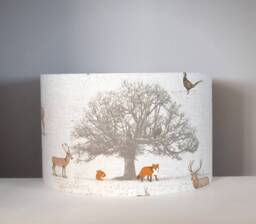 Fryetts Woodland Tree, Stag & Fox Lampshade, Gold Silver Or White Lining, Table Lamp Ceiling Drum Shade, Handmade By Vivid Shades
