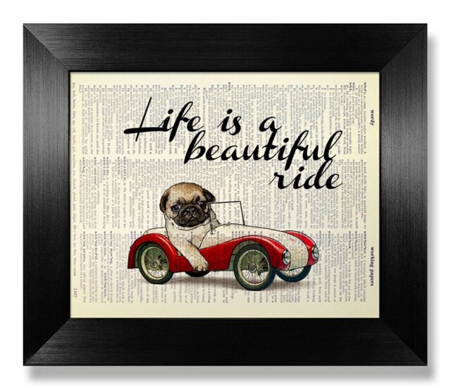 Pug in Car - Poster Art Print Illustration Original Painting Dog Print Animal Painting Wall Decor Hanging Gift For Men Man Him