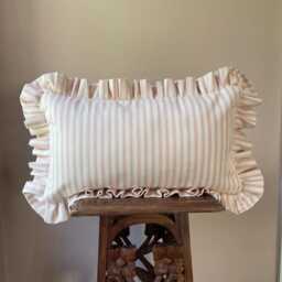 Pink Ticking Stripe Lumbar Cushion Cover With Ruffled Edge, Handmade Bolster Pillow, Farmhouse Decor - thumbnail 2