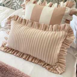 Pink Ticking Stripe Lumbar Cushion Cover With Ruffled Edge, Handmade Bolster Pillow, Farmhouse Decor