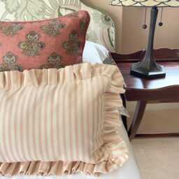 Pink Ticking Stripe Lumbar Cushion Cover With Ruffled Edge, Handmade Bolster Pillow, Farmhouse Decor - thumbnail 4