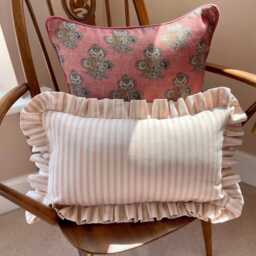 Pink Ticking Stripe Lumbar Cushion Cover With Ruffled Edge, Handmade Bolster Pillow, Farmhouse Decor - thumbnail 3