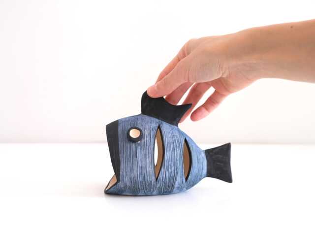 Handmade Ceramic Fish Tea Light Holder Blue Stoneware Lantern - image 1