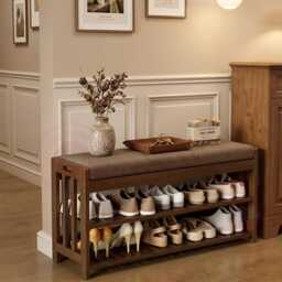 Wooden Shoe Storage Bench 3-Tier Entryway Organizer Shelf - thumbnail 2