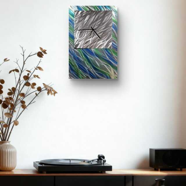 Modern Abstract Metal Artwork Clock. Blue, Green & Silver - image 1