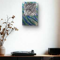 Modern Abstract Metal Artwork Clock. Blue, Green & Silver - thumbnail 1