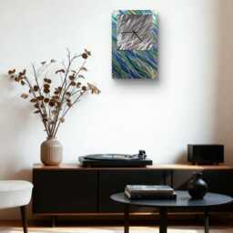 Modern Abstract Metal Artwork Clock. Blue, Green & Silver - thumbnail 3