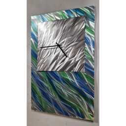 Modern Abstract Metal Artwork Clock. Blue, Green & Silver - thumbnail 2