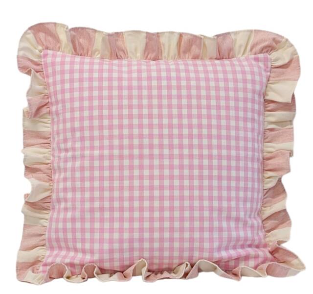 Handmade Pink Gingham Cushion Cover With Pale Ruffle - image 1