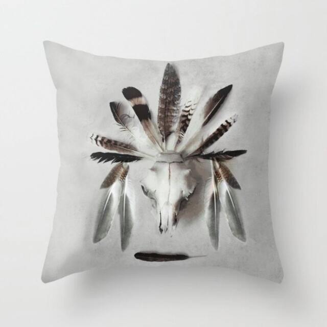 Boho Throw Pillow, Skull & Feathers, 18x18