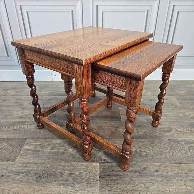 Antique Nest Of Tables Oak Barley Twist Wooden - Traditional Side Lamp Vintage - image 1