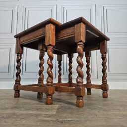Antique Nest Of Tables Oak Barley Twist Wooden - Traditional Side Lamp Vintage - thumbnail 2