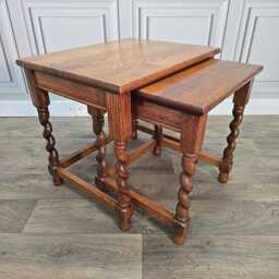 Antique Nest Of Tables Oak Barley Twist Wooden - Traditional Side Lamp Vintage