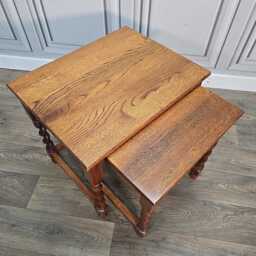 Antique Nest Of Tables Oak Barley Twist Wooden - Traditional Side Lamp Vintage - thumbnail 3