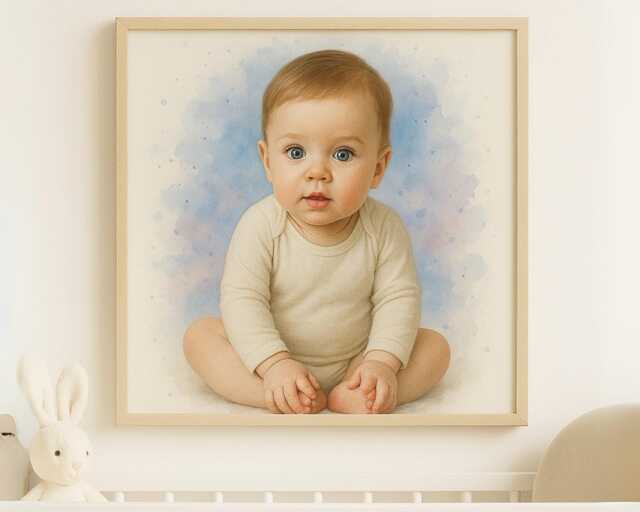 Newborn Baby Watercolour Portrait - Custom Illustration From Photo - Personalised Nursery Art & Keepsake - image 1