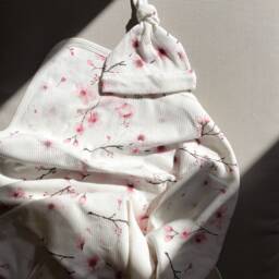 Pink Blossom Blanket, Hat & Blanket, Baby Flower Jersey Cherry Organic Blanket Hat, Gift Banket, Newborn - thumbnail 3