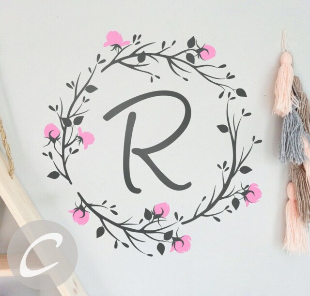 Name Nursery Wall Decal Custom Monogram Decals Personalized Vinyl Nursery Initial Sticker Rose Branch -Ai001 - image 1