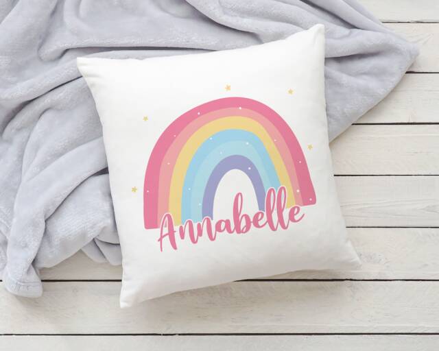 Personalised Rainbow Cushion - Name Gift New Baby Girl Cymraeg - image 1
