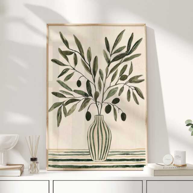 Olive Branch in Vase Art Print - Green Botanical Kitchen Wall Mediterranean Japandi Home Decor - image 1