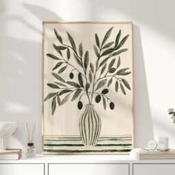 Olive Branch in Vase Art Print - Green Botanical Kitchen Wall Mediterranean Japandi Home Decor - thumbnail 1