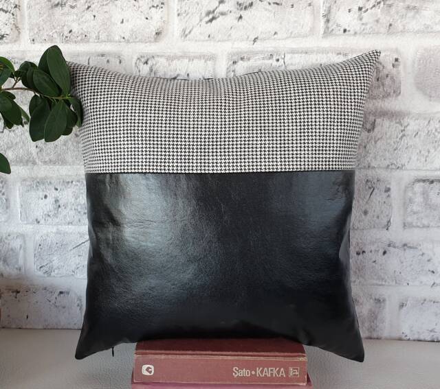 Black Faux Leather Pillow Cover Goose Foot Cotton Weaving - image 1