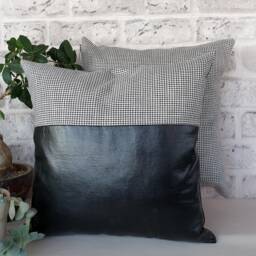 Black Faux Leather Pillow Cover Goose Foot Cotton Weaving - thumbnail 4
