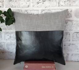 Black Faux Leather Pillow Cover Goose Foot Cotton Weaving - thumbnail 1
