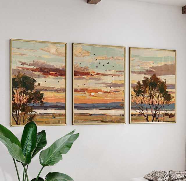 Sunset Tree Landscape Wall Art Posters Set Of 3 - Abstract Horizon Nature Prints - image 1