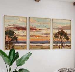 Sunset Tree Landscape Wall Art Posters Set Of 3 - Abstract Horizon Nature Prints - thumbnail 1