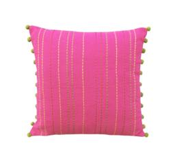 Pink Cotton Throw Pillow Cover, Rice Stitch Embroidery, Pom Trim - thumbnail 1