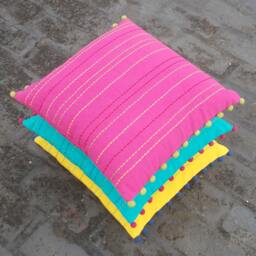 Pink Cotton Throw Pillow Cover, Rice Stitch Embroidery, Pom Trim - thumbnail 2