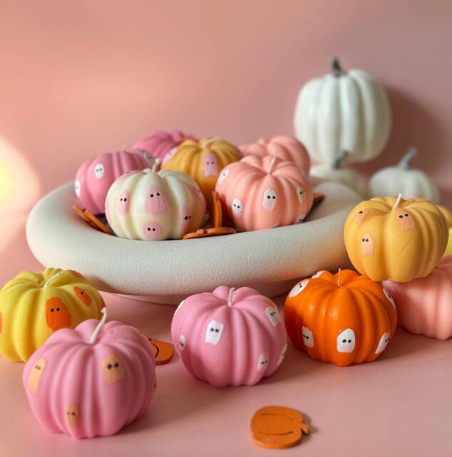Hand-Painted Pumpkin Soy Wax Candle - Spooky Ghost Decor - image 1