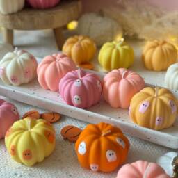 Hand-Painted Pumpkin Soy Wax Candle - Spooky Ghost Decor - thumbnail 4