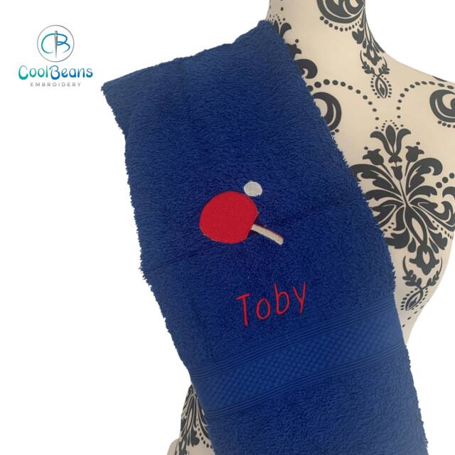 Table Tennis Towel - Personalised Face Cloth/Hand Bath = Embroidered Ping Pong - image 1