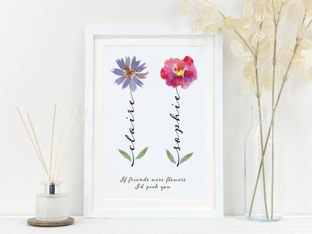 Personalised Friendship Flower Print - Custom Wall Art Gift For Best Friends Or Sister Birthday, Thank You, Christmas Keepsake Va019 - image 1