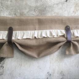 Burlap Custom Curtains Kitchen Valance Faux Leather Tie Up Country Curtain Rustic Farmhouse Window Treatment Primitive Bohemian Jute - thumbnail 2