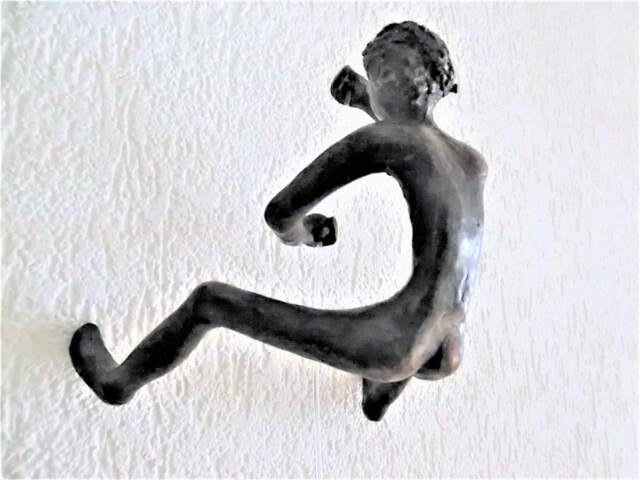 Last Copy/ Boy Bronze Hanging On Nylon Cord/ Boy Climbing Against The Wall Holding 2 Hands/ Black Patin/ Part Of Billies Family/ 6.7 - image 1
